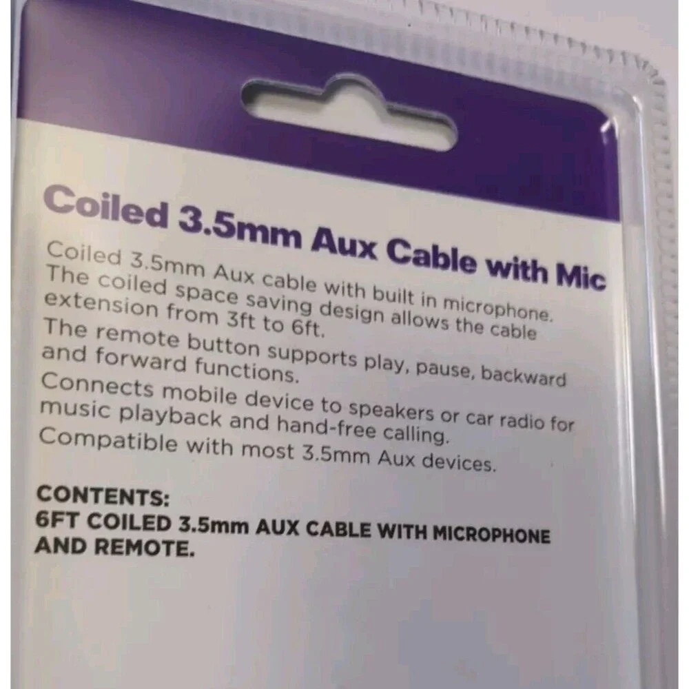 New Infinitive Coiled 3.5 mm Aux Cable with Mic and Remote New 6ft.  Sealed NIP